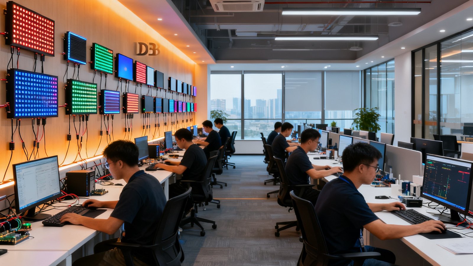 DB旗舰深圳总部开放式办公区全景画面，数十名技术人员在整洁的工位上专注协作，一侧墙面整齐悬挂着正在通电测试的各型号LED显示面板，暖色灯光营造出科技与人文交融的氛围