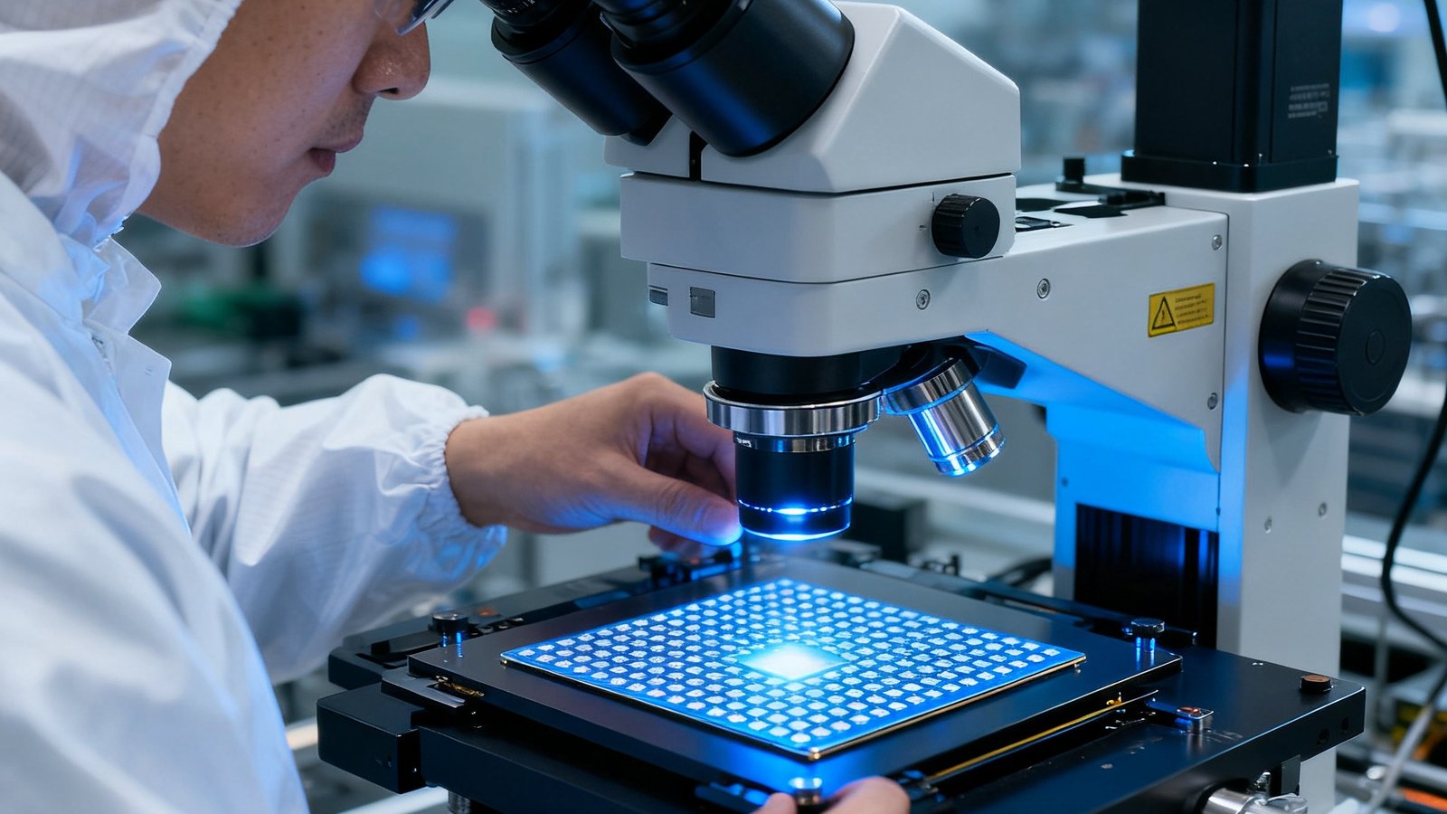 身穿白色防尘服的工程师在洁净实验室内使用高精度光学仪器检测Micro LED芯片阵列的光学性能，显微镜下的芯片发出微弱而均匀的蓝光，画面充满科技精密感