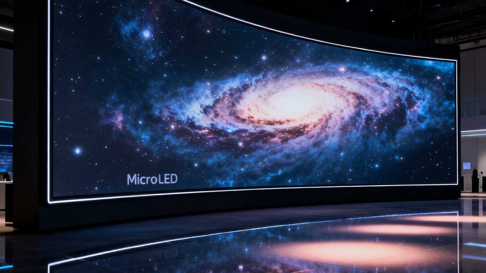 DB旗舰巨型Micro LED曲面显示屏在暗光科技展厅中展示深邃宇宙星云动态画面，屏幕边框极窄近乎无界，地面镜面反射出柔和光晕，营造沉浸式视觉体验