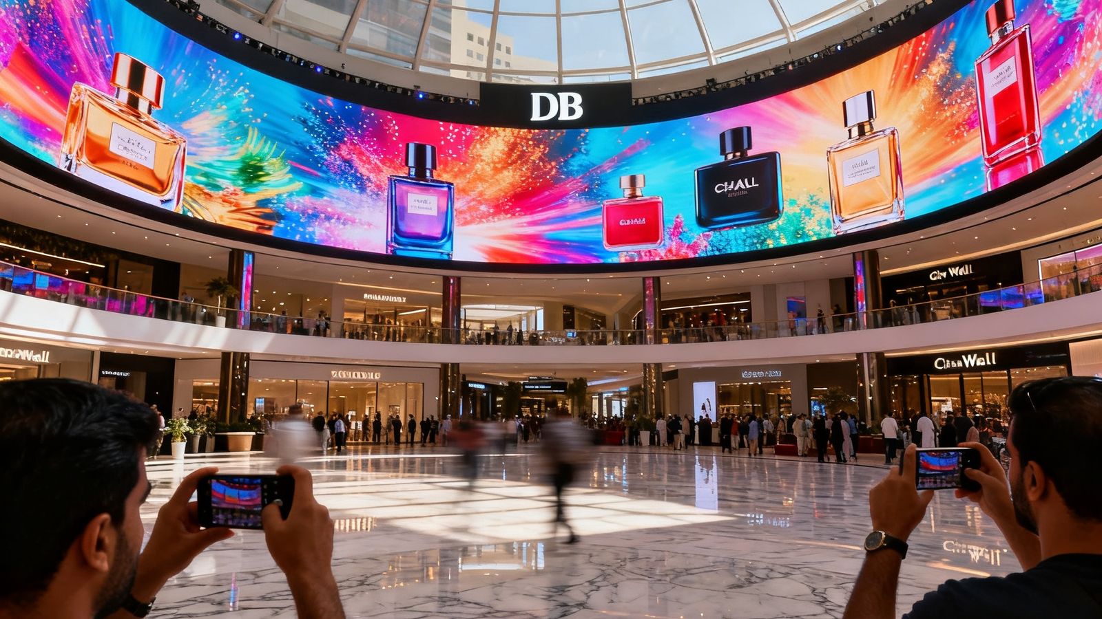 迪拜City Walk购物中心穹顶下方环绕安装的DB旗舰环形Micro LED天幕屏，正在展示绚丽的品牌广告动画，光影映照在下方大理石地面上，游客纷纷举起手机拍摄这一壮观景象